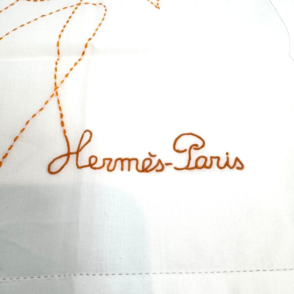 HERMES White Cotton Handkerchief with Orange Embroidered Horse Motif NEW Scarf - Picture 2 of 5